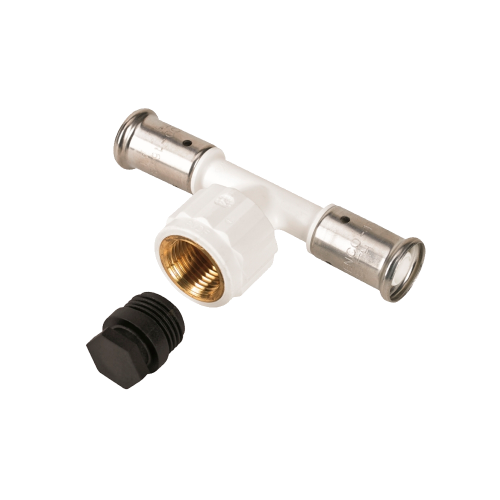 Тройник ВР c черной заглушкой BP04 1/2", ПВДФ пресс (белый), 20x1/2"x20, HENCO 13PKW-200420BP