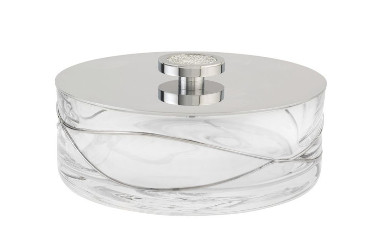 Surya Crystal Stream, круглая емкость с крышкой 16х16хh6 см, для гигиенических принадлежностей, цвет хром