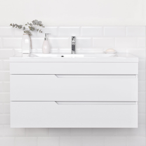 Комплект тумба подвесная Итана Александра 100 (990х444х551) с раковиной Milen 100, белый глянец (743283)