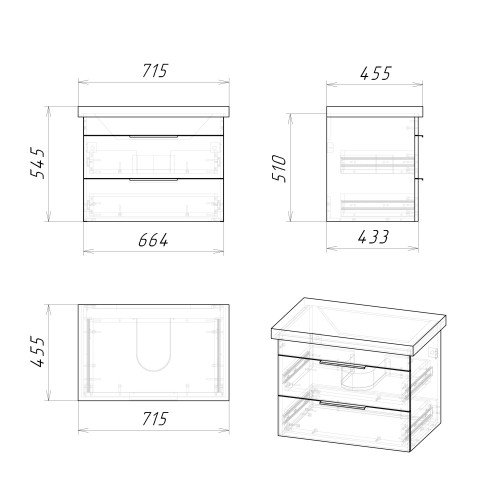 Тумба подвесная Grossman ФОРТА-70 см с 2-я ящ. темный дуб (ум.Фостер-70)