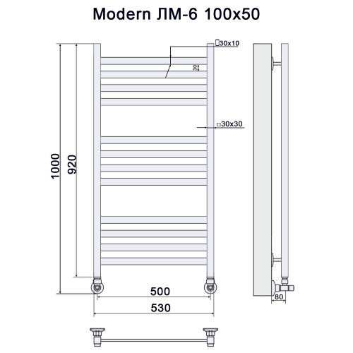 Полотенцесушитель Ника MODERN ЛМ-6 100/50 Matt Antique Silver с вентилями (комплект люкс)