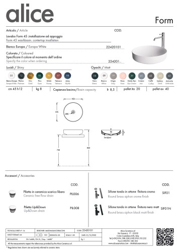 Alice Form, накладная круглая раковина Ø45х12h см, цвет белый глянцевый