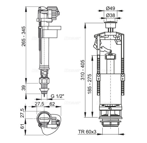 SA2000S 1/2" CHROM Выпускной комплект со стоп кнопкой (одинарной), с нижней пласт. подводкой)