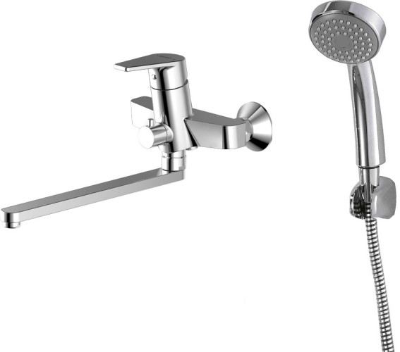 Смеситель Bravat Line универсальный для ванны длинный излив со шлангом и лейкой, хром (F65299C-LB-RUS)