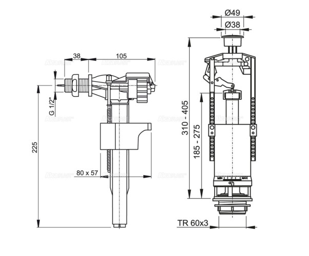 SA2000 1/2" CHROM Выпускной комплект с боковой подводкой (пластик), со стоп кнопкой (одинарной)