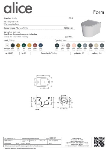 Alice Form, подвесной безободковый унитаз c крепежом fix10, 50x35 см, цвет белый глянцевый