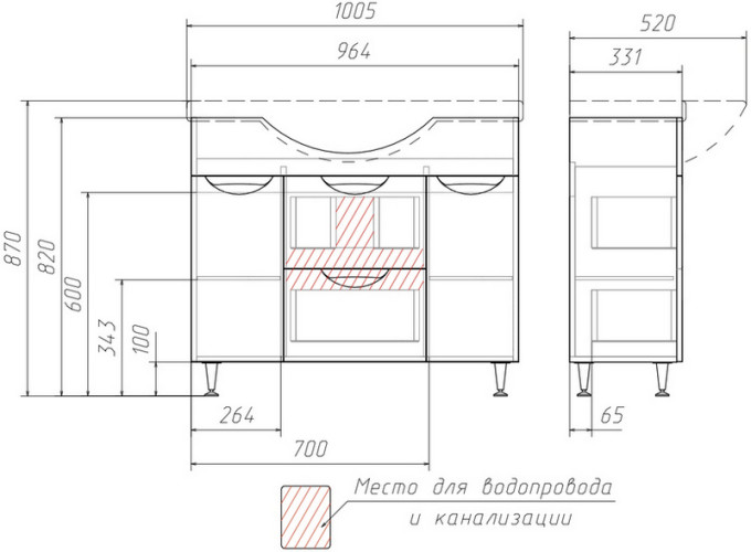 Тумба под умывальник "Эльбрус 100" Грация с 2  верхними ящиками В2 Домино