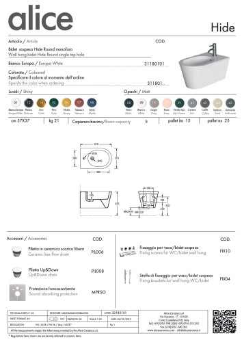 Alice Hide Round, подвесное биде c крепежом fix10, 57x37 см, цвет белый глянцевый