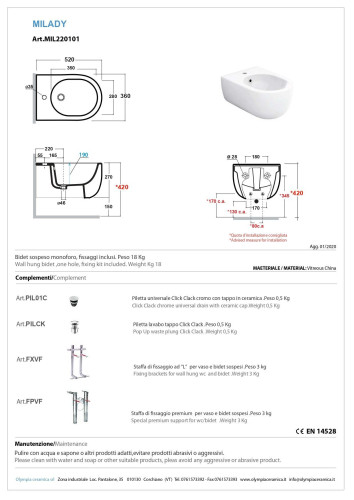 Olympia Milady, подвесное биде c крепежом, 52x37 см, цвет черный глянцевый