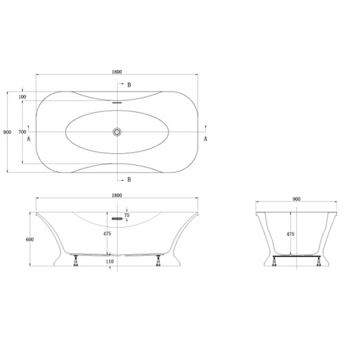 Ванна акриловая AZARIO BORDEAUX 1800x900x600, свободностоящая, в комплекте с сифоном и металлической рамой, белая (BOR18090)