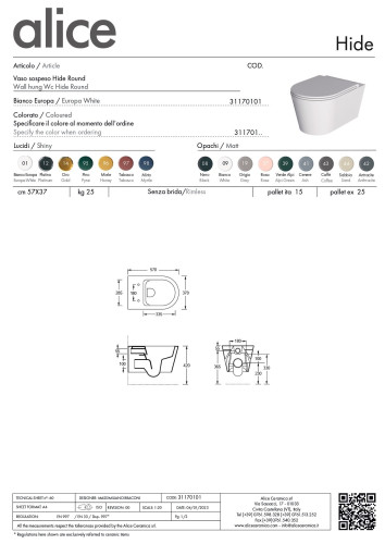 Alice Hide Round, подвесной безободковый унитаз c крепежом fix10, 57x37 см, цвет белый глянцевый