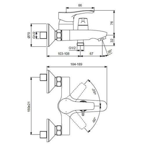 BA416AA WAVE Настенный смеситель для ванны/душа, монтаж на стандартных эксцентриках