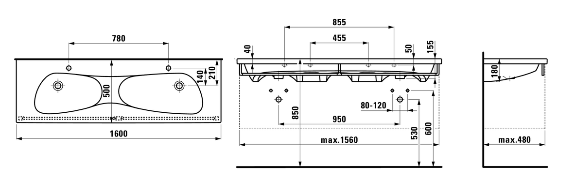 Раковина -столешница Laufen Palomba 160х50х18 керамика, цвет Белый (8.1480.9.000.104.1)