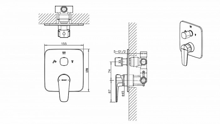 Встраиваемый смеситель Bravat Source, черный (PB8173218BW-3-ENG)
