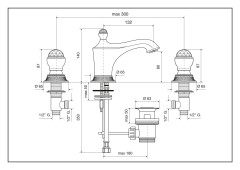 Emmevi The One, смеситель для раковины на 3 отверстия. Металлические ручки + прозрачные кристаллы, цвет золото