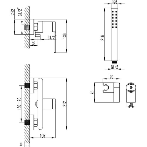 Смеситель для душа Azario VINCENTE с ручным душем, керамический картридж, без излива, черный (AZ-VRZ338326PA)