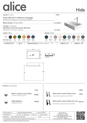 Alice Hide, накладная прямоугольная раковина 60x37x12h см, цвет белый глянцевый