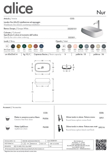 Alice Nur, накладная прямоугольная раковина с закругленными краями 60x35x14h см, цвет белый глянцевый