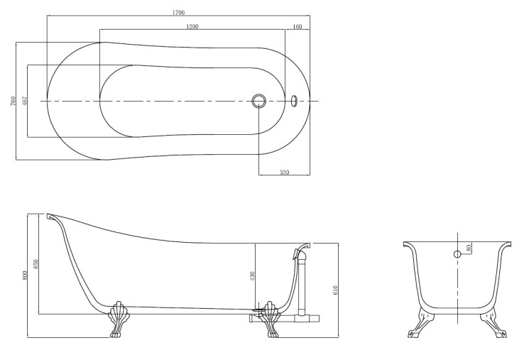 Ванна акриловая AZARIO CARDIFF 1700x760x800 свободностоящая, в комплекте с сифоном и металлическими ножками (CAR17076)