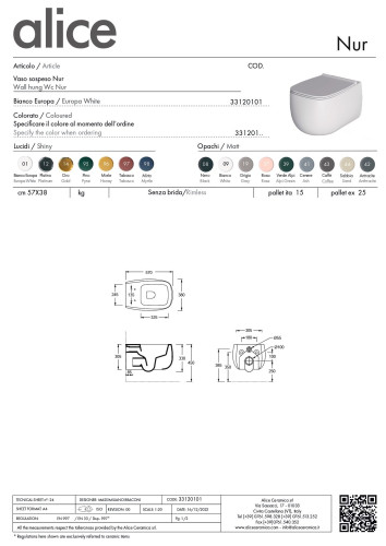 Alice Nur, подвесной безободковый унитаз c крепежом fix10, 57x38 см, цвет белый глянцевый