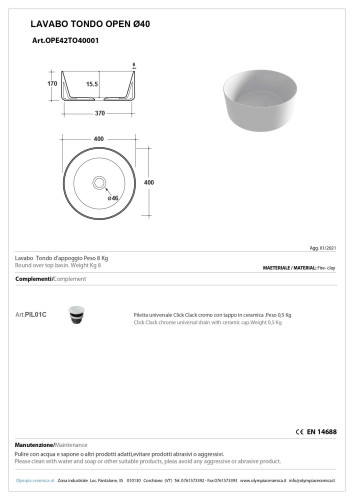 Olympia Open, накладная круглая раковина 40xh17 см, с донным клапаном, цвет белый глянцевый