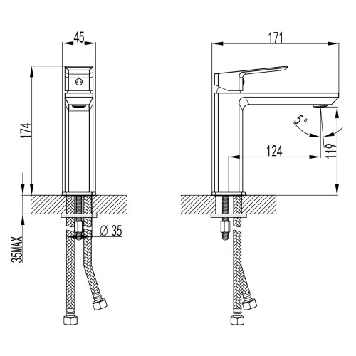 Смеситель для раковины Azario HARDCORE керамический картридж, без донного клапана, хром (AZ-VJG168277C)
