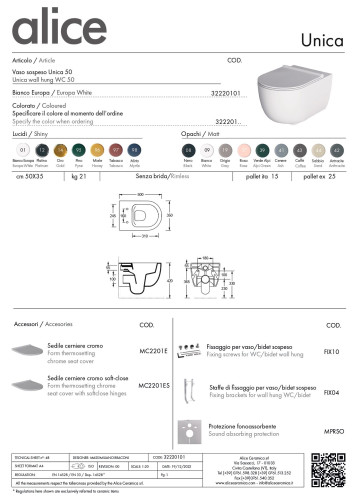 Alice Unica 50, подвесной безободковый унитаз c крепежом fix10, 50x35 см, цвет белый глянцевый