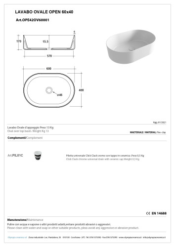 Olympia Open, накладная овальная раковина 60x40xh17 см, с донным клапаном, цвет белый глянцевый