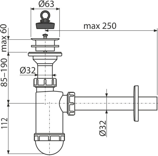 Сифон для раковины Alcadrain DN32 с пластмассовой peшeткой DN63 (A420)