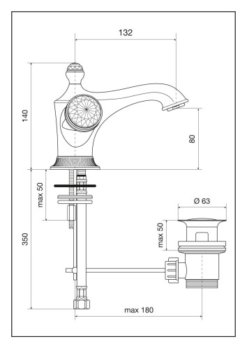 Emmevi The One, смеситель для раковины. Металлические ручки + большие прозрачные кристаллы, цвет хром