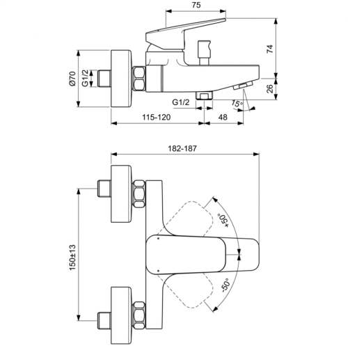 Смеситель для ванны Ideal Standard CERAPLAN настенный, черный матовый (BD256XG)