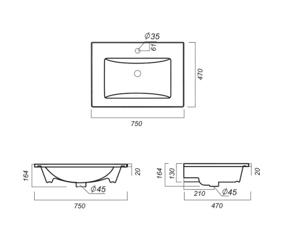 Мебельная раковина RAVAL Quadro (QDR75SLWB01)
