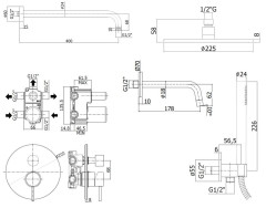 Комплект KITLIG019NO045 для ванны с изливом 175мм, смеситель LIG019NO на 3 выхода, душ 225мм, LIGHT, черный матовый Paffoni