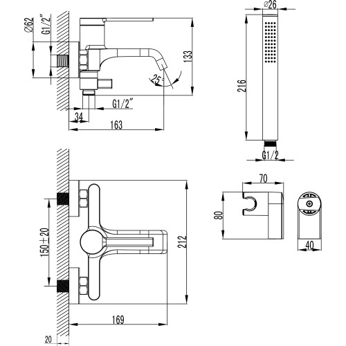Смеситель для ванны и душа Azario VINCENTE с ручным душем, керамический картридж, черный (AZ-VRZ2338326PA)