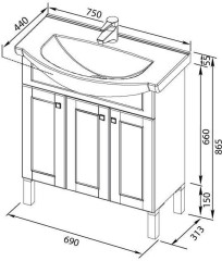 Тумба с раковиной Aquanet Честер 75 белый/золото