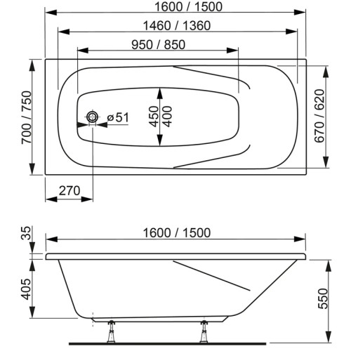 Ванна акриловая VAGNERPLAST ARONIA 150x70 VPBA157ARN2X-04