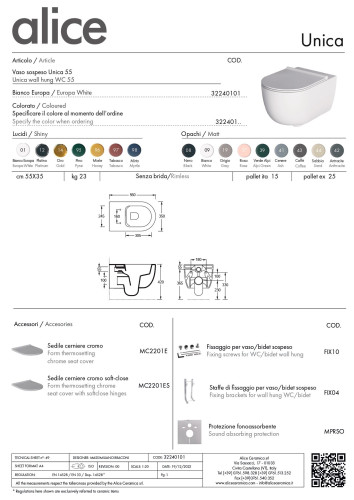 Alice Unica 55, подвесной безободковый унитаз c крепежом fix10, 55x35 см, цвет черный матовый