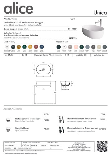Alice Unica, накладная овальная раковина 55x36x17h см, цвет белый глянцевый