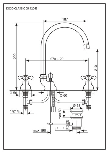 Emmevi Deco Classic, смеситель 12043 с донным клапаном для раковины на 3 отверстия, цвет хром