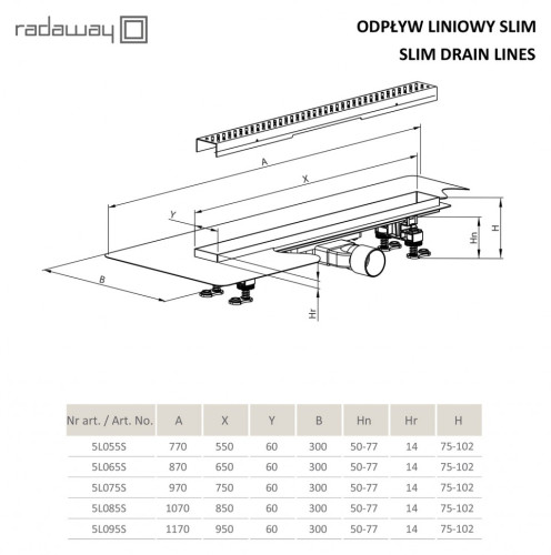 Линейный трап для душа Radaway RadаDrain Slim 75 для плитки 8-12 мм