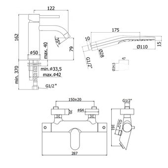 Комплект KITLIG022CR120 со смесителем для ванны LIG022CR, смеситель для раковины LIG071CR, душ 110мм 2 режима , LIGHT, хром Paffoni