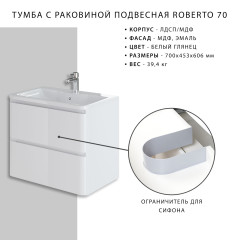 Комплект тумба подвесная Roberto 70 (700х453х606) с раковиной Adel 70, белый глянец (315212)