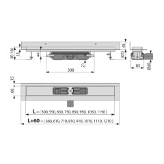 Водоотводящий желоб Alcadrain, с порогами для цельной решетки и фиксированным воротником к стене