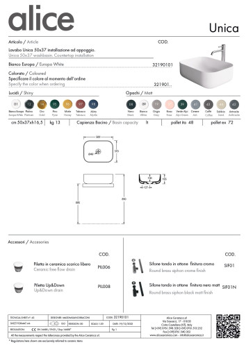 Alice Unica, накладная прямоугольная раковина с закругленными краями 50x37x16h см, цвет белый глянцевый
