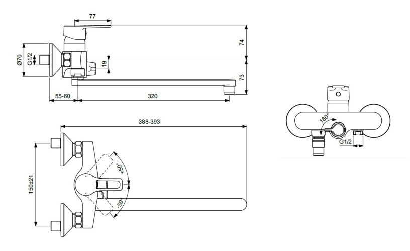 BA400AA VIDIMA HYPE Настенный смеситель для ванны/душа с керамическим переключателем, с длинным изливом 320 мм, керамический картридж 35 мм