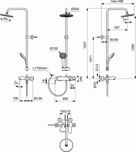 Душевая система Ideal Standard IDEALRAIN CERAFINE O смеситель керамический картридж, хром (BC749AA)