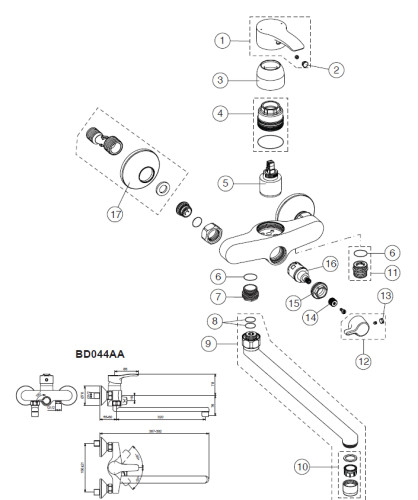 Смеситель для ванны Ideal Standard ALPHA с длинным изливом, Однорукоятковый, настенный, хром (BD044AA)