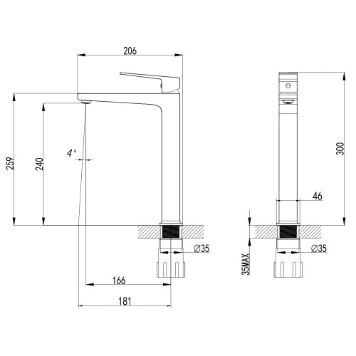 Смеситель для раковины-чаши Azario EDDIE высокий,керамический картридж, без донного клапана, черный (AZ-VBH168U07PA)