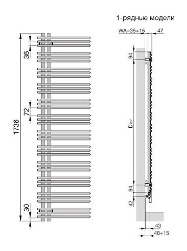 Полотенцесушитель Zehnder Yucca asymmetric YA-170-060