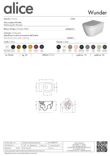 Alice Wunder, подвесной унитаз с вихревой системой смыва и крепежом fixwunder, 53x36 см, цвет белый глянцевый